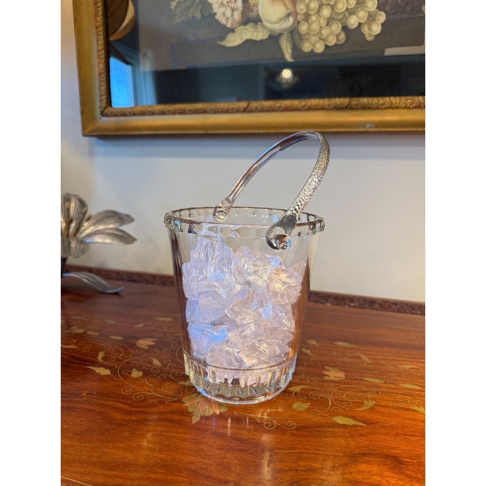 Vintage‎ Glass Ice Bucket with Metal Handle Mid Century Barware